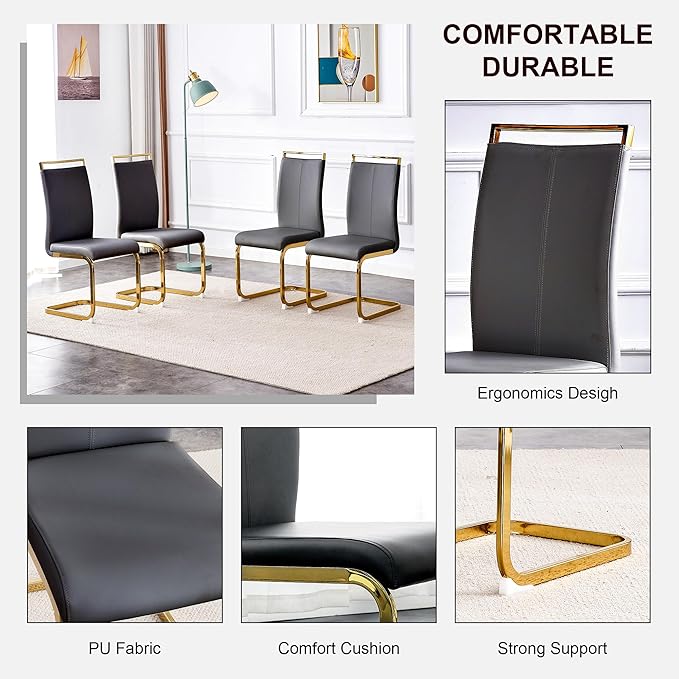 7 Piece Glass Dining Table Set, 79" Modern Dining Table Set for 6, 0.5" Thick Tempered Glass Tabletop with Gold Chrome Metal Legs and Black Crossbar, 6 PU Chairs for Dining Room, Kitchen