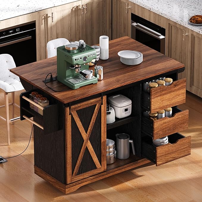 55.5" Farmhouse Kitchen Island with Drop Leaf, Kitchen Storage Island with Barn Door, Power Outlet, for Home, Kitchen, Dining Room, Black