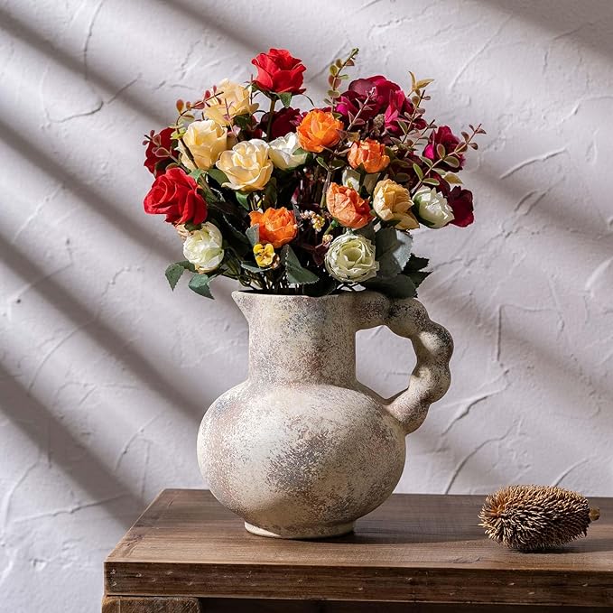 Antique Flower Ceramic Vase with Handle, Vintage Pitcher Terracotta Vases, Boho Decor Farmhouse Stone Pottery Vases, Rustic Decorative Vase for Home Decor, Table, Living Room, Mantel, Wedding 6.9 Inch