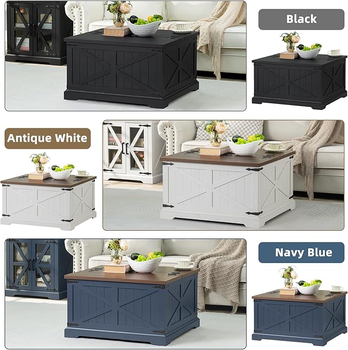 Farmhouse Coffee Table with Large Hidden Storage Compartment, Navy Blue Square Center Table, Wood Rustic Low Modern Living Room Tables with Hinged Lift Brown Top & Wooden Arc Base