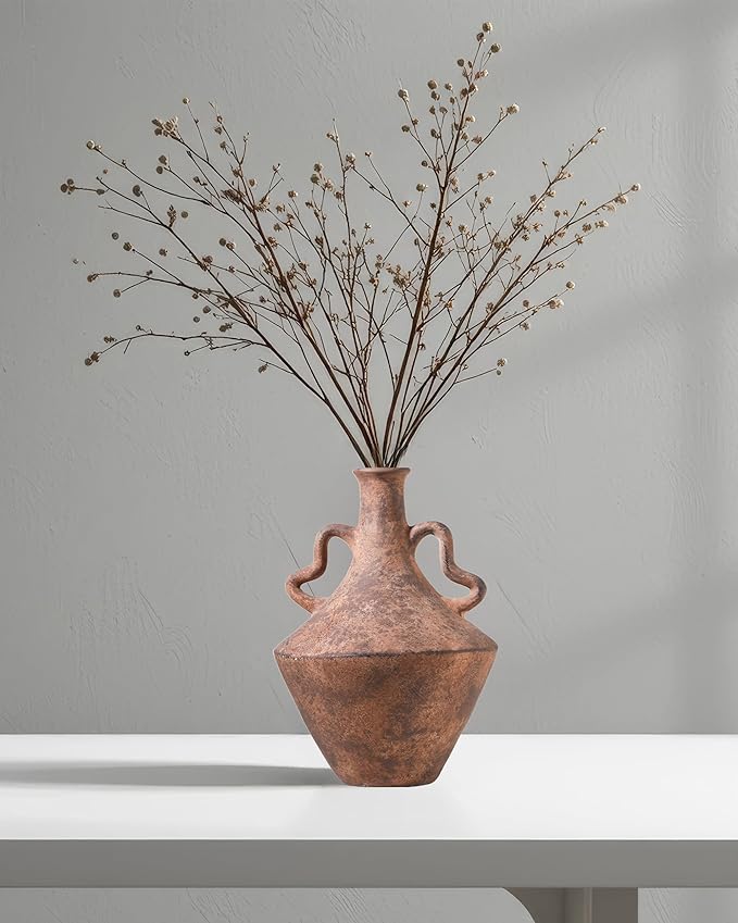 UPWOIGH 14x9.06 in Tall Vintage Ceramic Vase with Handles, Antique Terracotta Pottery Vase for Living Room Table Decor, Rustic Farmhouse Bedroom Decoration, Distressed Brown with Black Markings, Gift