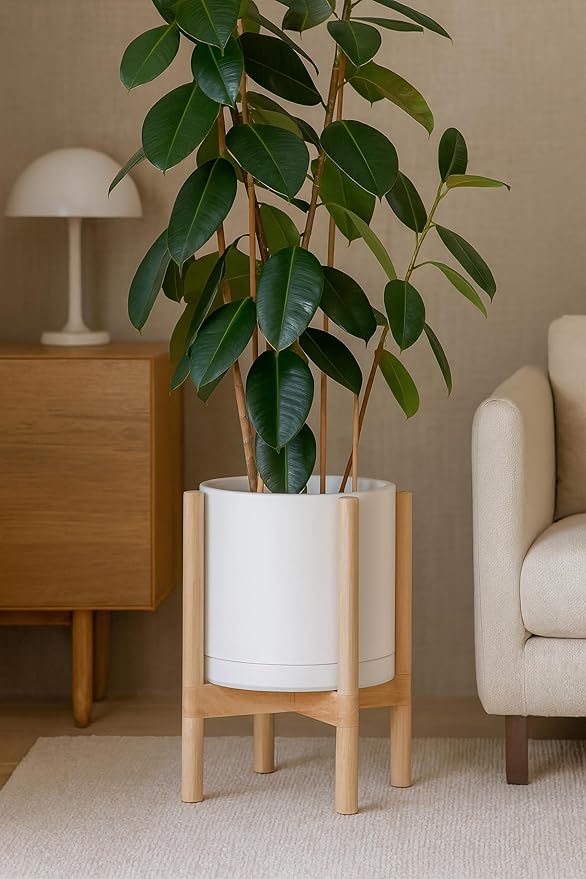 D'vine Dev Ceramic Planter with Natural Stand - 12 Inch Modern Round Flower Pot with Wood Planter Holder, Oatmeal, 55-B-J-8