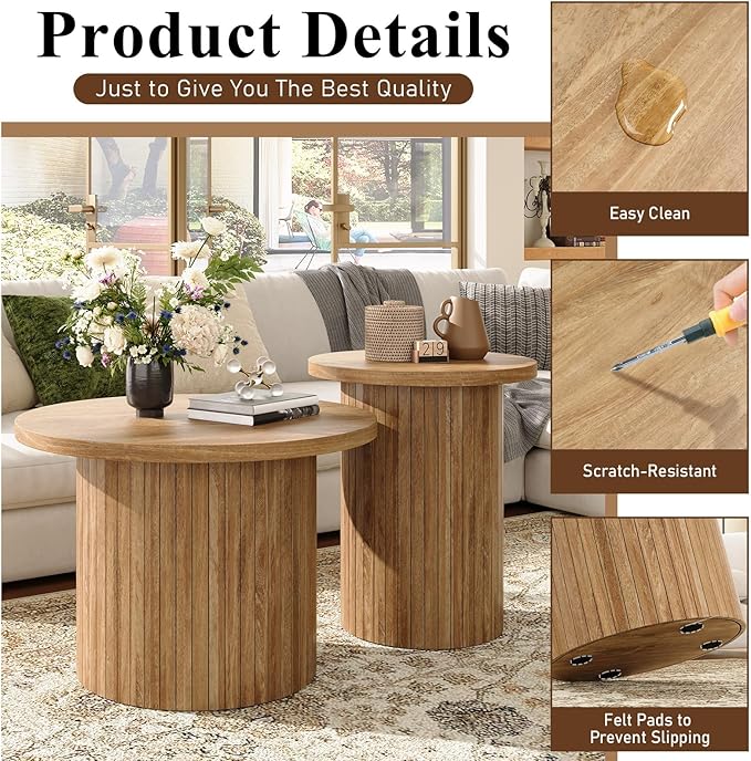 3-Piece Mid Century Modern Living Room Table Set, 70" TV Stand with Tambour Door, Nesting Round Coffee Table Set of 2, Wood Slats Entertainment Center with Storage, Natural Oak