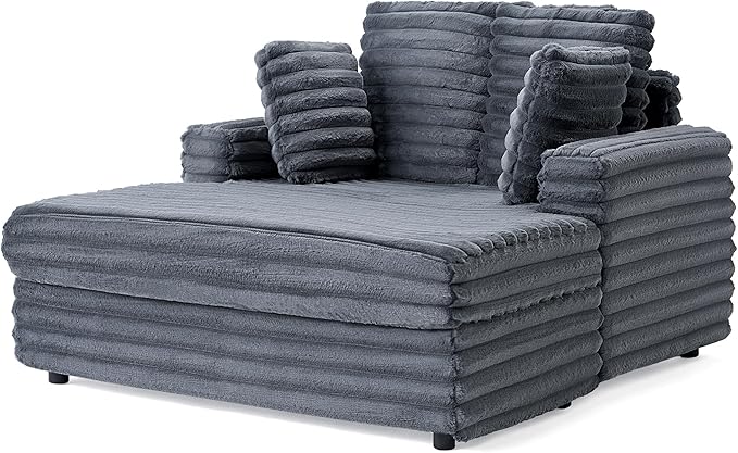VanAcc 53 Inch Chaise Lounge Indoor, Plush Sleeper Chair with Throw Pillows, Upholstered Sofa Bed with Armrests, Plush Chair Bed for Living Room(Grey)