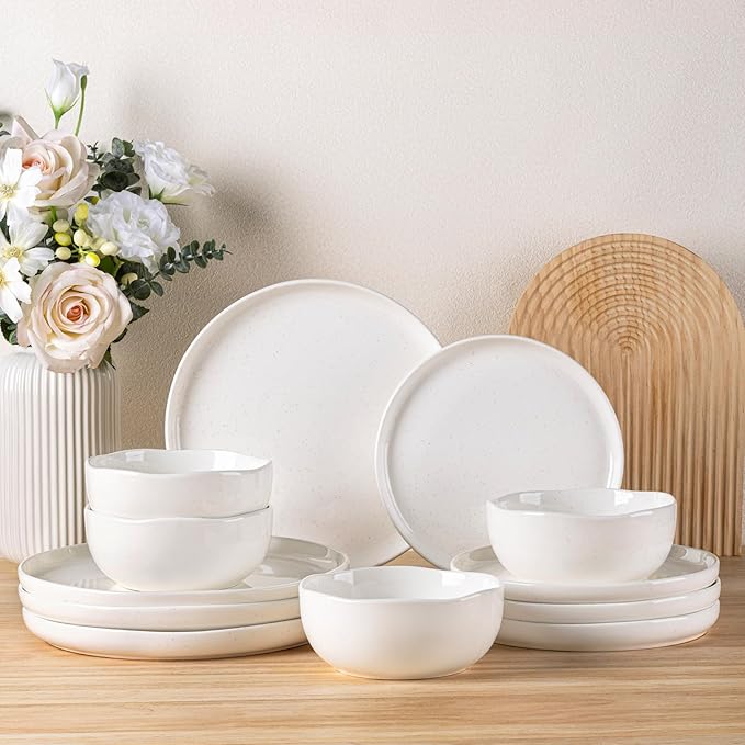 TheTerra Ceramic Dinnerware Sets for 4, 12 Pieces Porcelain Lightweight Plates and Bowls Sets, Scratch Resistant Dish Set, Oven & Microwave & Dishwasher Safe, White Speckled