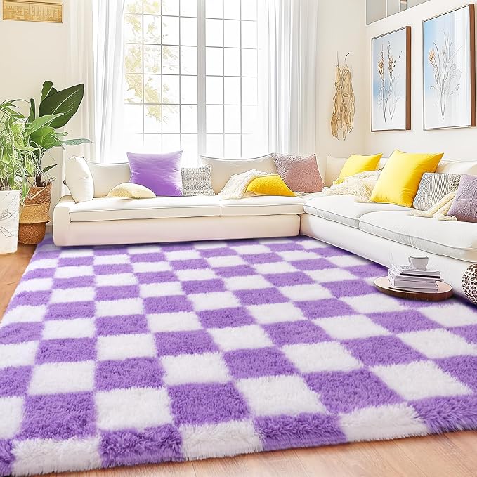 Checkered Rugs for Bedroom, Ultra Fluffy Fuzzy Shag Area Rug for Living Room 5x7, Modern Plush Soft Upgrade Non-Slip Carpet for Kid Girls and Boys Room Dorm Nursery Home Decor, White and Purple