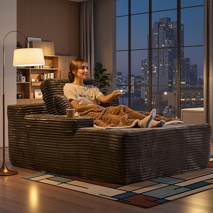 Chaise Lounge Chair Indoor, 67" Oversized Comfy Plush Fur Sleeper Sofa Bed with Cup Holders and Wide Armrests, Boneless Upholstered Recliner Bed, Modern Cloud Couch for Living Room, Grey