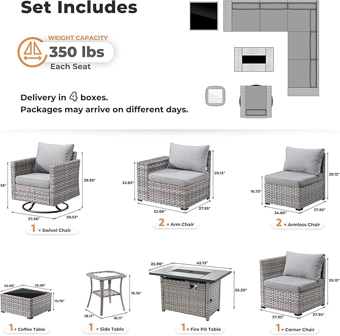 ovios 9 Pieces Patio Furniture Set, Outdoor Wicker Sectional Sofa with 42" Fire Pit Table Swivel Chair, Modern Modular Deep Seat Rattan Couch Conversation Sets, Dark Grey