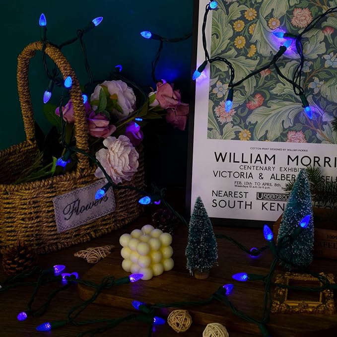 Christmas C3 Bulbs Light String 50 LED Multicolor Strawberry Xmas Tree Outdoor Indoor Waterproof Decoration Plug in 18 Feet Used for Patio Party Festive Courtyard Home (Blue)