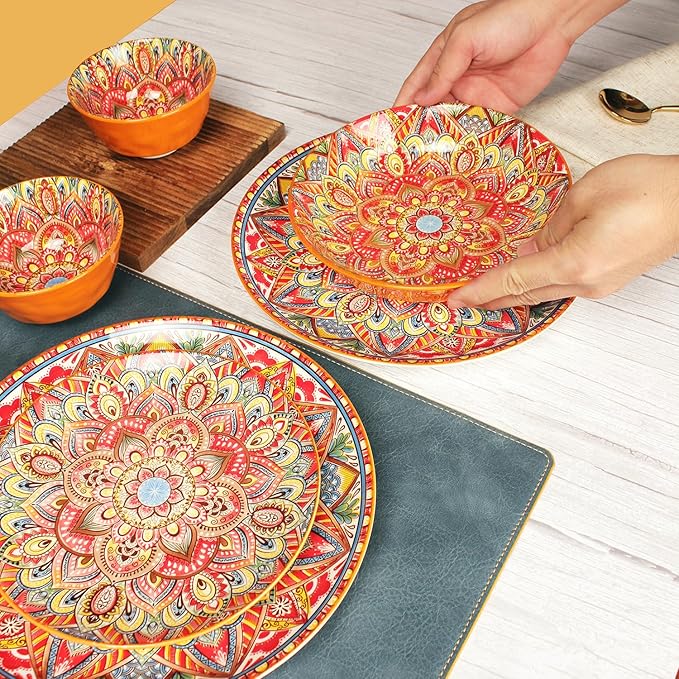 YA JU Mandala Dinnerware Sets (12 Pcs) Serves 4, Buffet Dinnerware, Boho Plates and Bowls Dish Set with 8" salad Plate 8" Dessert Plate 4.8" bowl, apply Casual dining Indoor Outdoor Dining Party