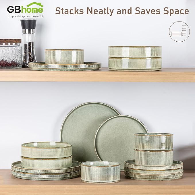 GBHOME Stoneware Dinnerware Sets for 8,Round Reactive Glaze Ceramic Plates and Bowls Set,Highly Scratch Resistant | Dishwasher & Microwave Safe Dishes Set,Service for 8(24Pcs)