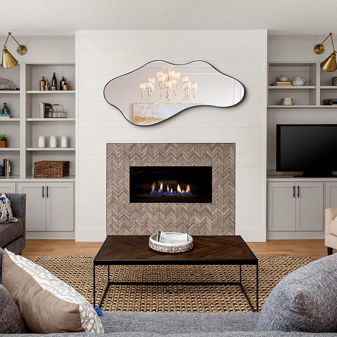 Irregular Wall Mirror, Large Asymmetrical Mirrors, 47"x22" Wavy Shaped Mirror with Metal Frame, Modern Decorative Abstract Mirrors for Living Room Bathroom Bedroom Hallway Entryway