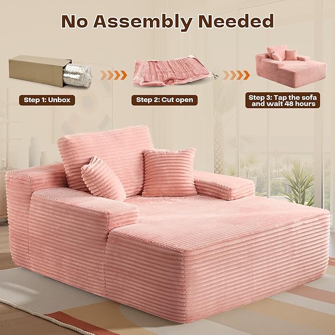 Chaise Lounge Sleeping Couch, 67" L * 48.5" W Oversized Assembly Free Modern Minimalist Sofa, Extra Deep Large Single Seat Sofa, Free Standing Floor Couch for Living Room (Pink Plush Fabric)