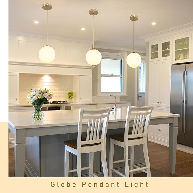 8" Globe Pendant Light Gold Mid Century Modern Light Fixture Globe Pendant Lights Kitchen Island Milk Glass Pendant Light Brushed Brass Finished with Milk Glass Lampshade for Dining Room