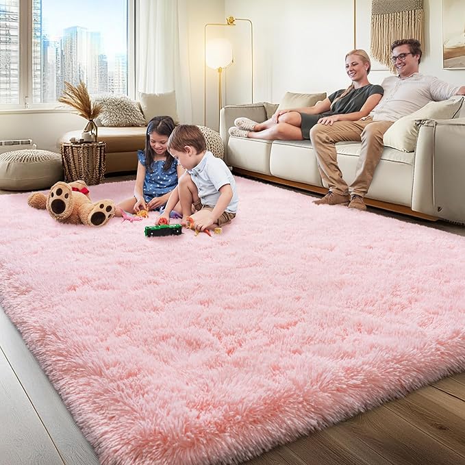 8x10 Area Rugs for Living Room, Pink Fluffy Shaggy Rug Soft Carpets, Big Rugs for Bedroom Nursery Kids Room Dorm Home Decor Aesthetic