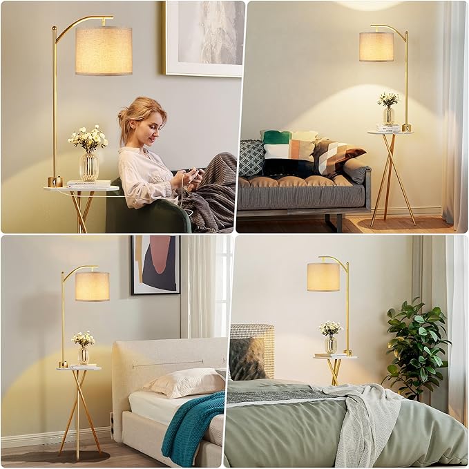 ROTTOGOON Floor Lamp with Table, End Table Lamp with Remote Control and Charging Station(USB & Type-C & AC Port), 4 Color Temperatures, Floor Lamps for Living Room, Bedroom and Home Office,Gold