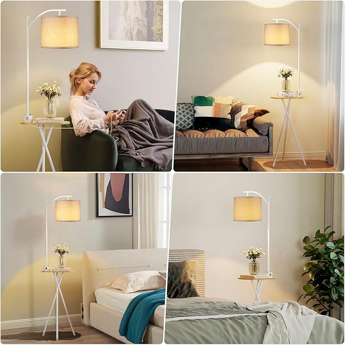 ROTTOGOON Floor Lamp with Table, End Table Lamp with Remote Control and Charging Station(USB & Type-C & AC Port), 4 Color Temperatures, Floor Lamps for Living Room, Bedroom and Home Office,White