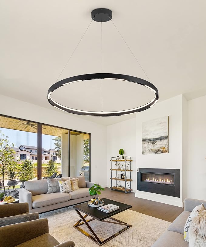 Led Ring Chandelier,Ring Light Chandelier Modern Pendant Light,1 Circular Chandelier Dimmable Hanging Led Pendant Lighting for Living,Dining Room Kitchen Island 23.6" 3000-6000K Black