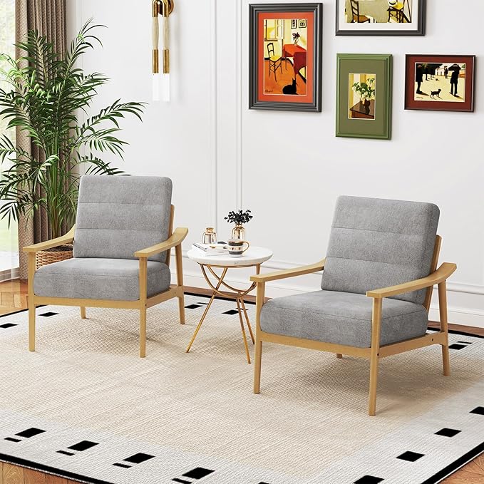 Giantex Mid Century Modern Accent Chair, Max Load 440 LBS Upholstered Living Room Chair with Rubber Wood Armrests & Legs, Removable Back Cushion, Comfy Reading Arm Chair for Living Room, Bedroom