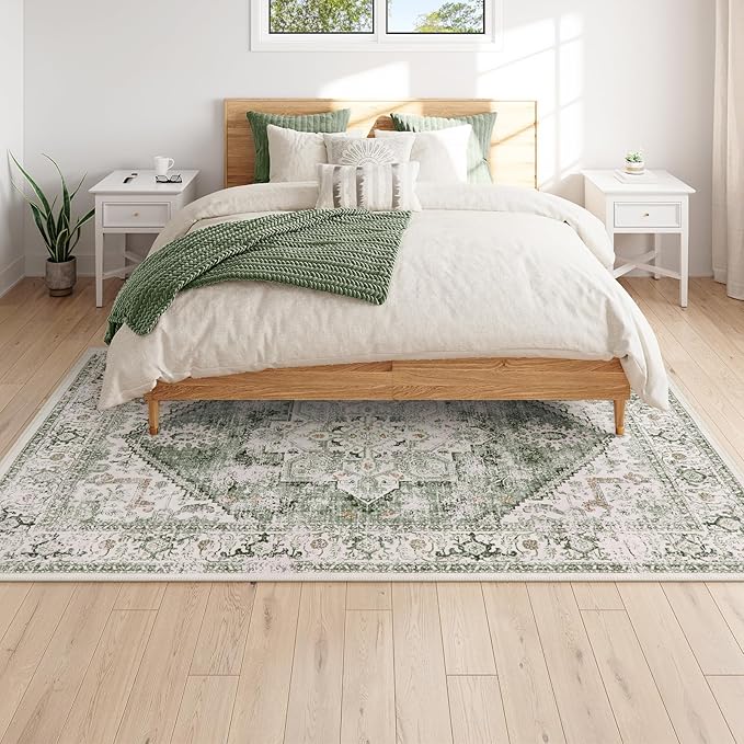 LIVEBOX 6x9 Sage Green Rug for Living Room- Large Oriental Rug for Bedroom, Non-Slip Retro Dining Room Rugs for Under Table, Low-Pile Soft Vintage Rugs for Office Guest Room