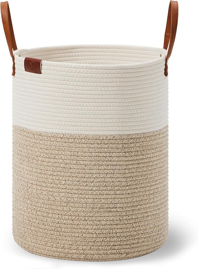VIPOSCO Tall Laundry Basket, Large Dirty Clothes Hamper with Leather Handle, Woven Rope Storage Basket for Blanket, Toy In Living Room, Bathroom, Bedroom - 53L White & Brown