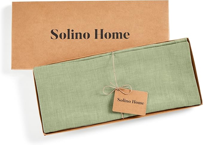 Solino Home Linen Small Table Runner 60 Inches - Athena, 100% Pure Linen Chambray Olive Table Runner 14 x 60 Inch Ideal for Dresser and Coffee Tables - Fall, Autumn, Halloween, Thanksgiving