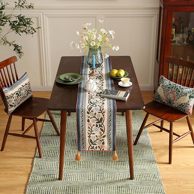 ISAENNE Designer Vintage Elegant Linen Table Runner 87 Inches Long,Colorful Flower Pattern Soft Table Runners for Dining Tables,Thanksgiving,Kitchen Tables,Christmas,12"*87"-Naples C