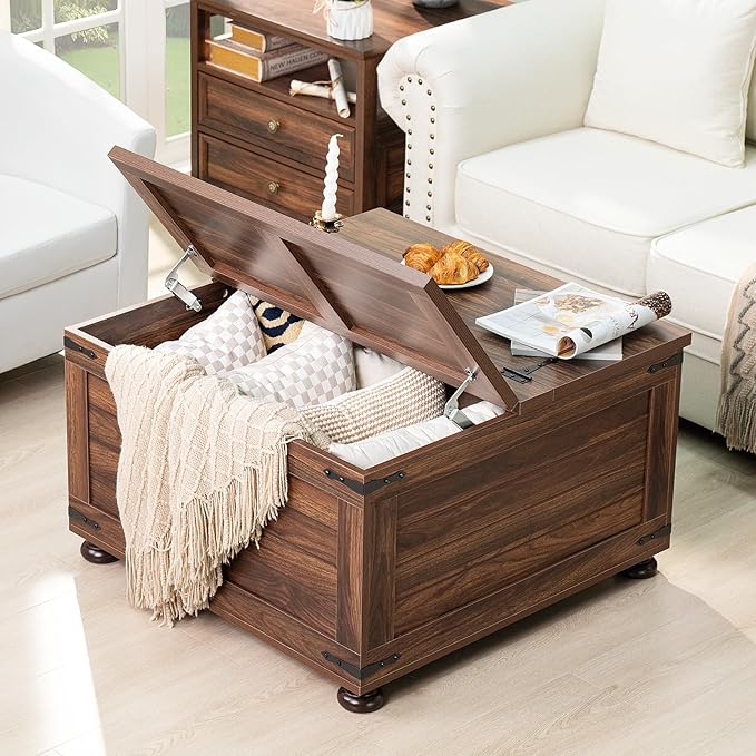 Farmhouse Coffee Table with Hidden Storage,Large Square Center Table for Living Room,Retro Cocktail Tables with Flip-Top Lids, Farm House Tables with Wooden Gourd Feet for Home,Brown Walnut