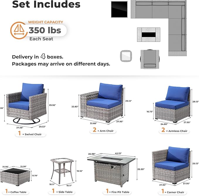 ovios 9 Pieces Patio Furniture Set, Outdoor Wicker Sectional Sofa with 42" Fire Pit Table Swivel Chair, Modern Modular Deep Seat Rattan Couch Conversation Sets, Navy Blue