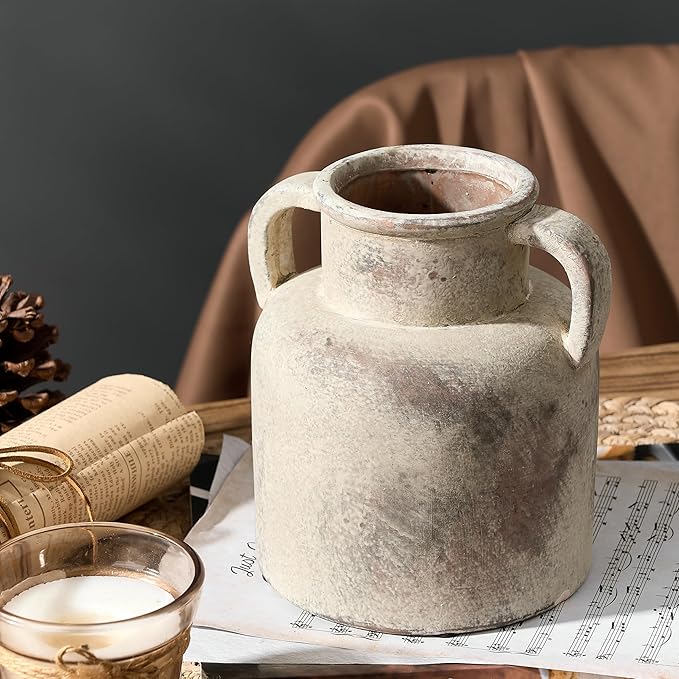 Antique Ceramic Vase with 2 Handles, 6.1 Inch Farmhouse Rustic Flower Vase, Small Vintage Terra Cotta Vases for Home Decor, Wedding, Living Room, Table, Shelf Decor, Neutral
