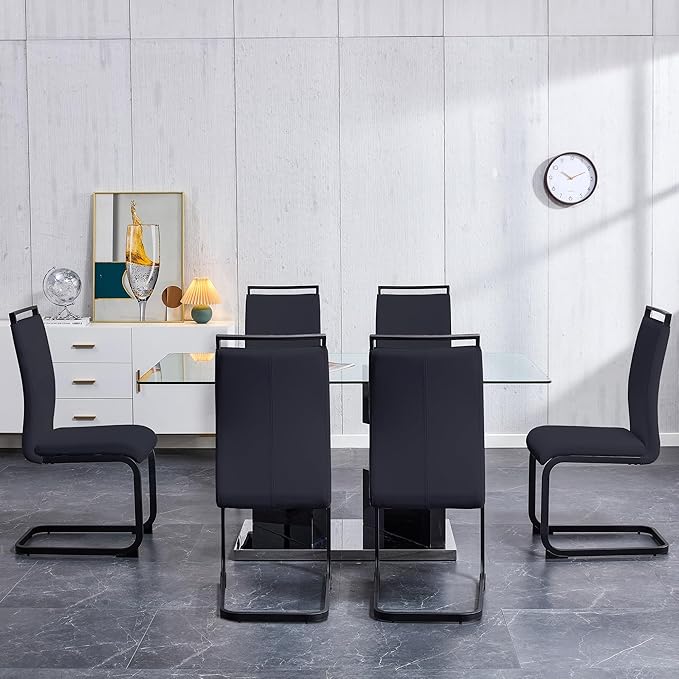 Glass Dining Room Table Set for 6,Dining Table Set for 6 with PU Leather Chairs,Retangular Dining Table with MDF Table Legs and Sliver Base for Dining Room