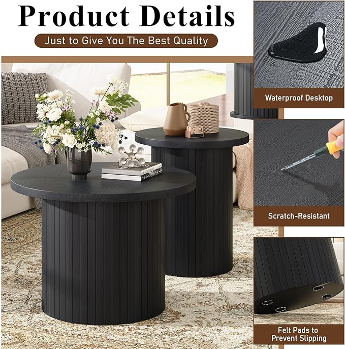 3-Piece Mid Century Modern Living Room Table Set, 70" TV Stand with Tambour Door, Nesting Round Coffee Table Set of 2, Wood Slats Entertainment Center with Storage, Black