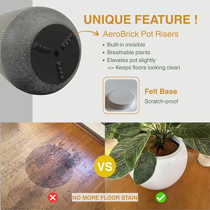 18.7" H x 16.9" D Ribbed Radius Fiberstone Round Planter with Drainage Hole, Weather Resistant for Indoor and Outdoor Use, Included 2 Extra Coco Mats (Charcoal, 15" Pot Opening)