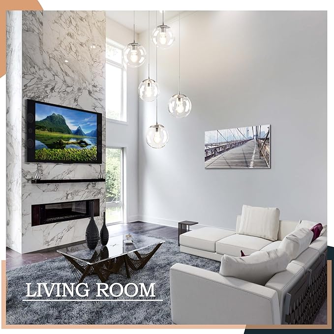 KoKo&Yukina 5-Light Globe Glass Pendant Light Adjustable Length Pendant Lights Modern Nickel Clear Globe Glass Chandelier High Ceiling Lights Fixtures for Foyer Hallway Staircase (Bulb & Remote Incl)