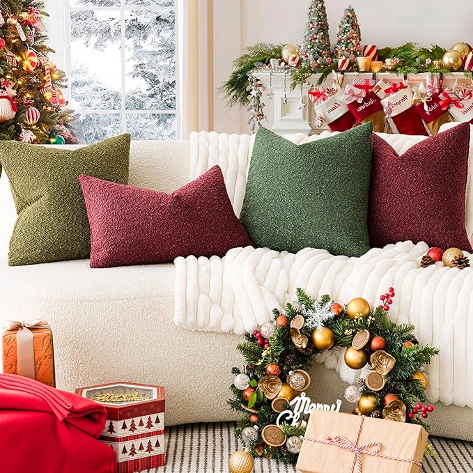 Foindtower Pack of 2, Decorative Textured Boucle Throw Pillow Covers Accent Solid Pillow Cases Cozy Soft Couch Cushion Case for Chair Sofa Bedroom Living Room Home Decor 22 x 22 Inch Hunter Green