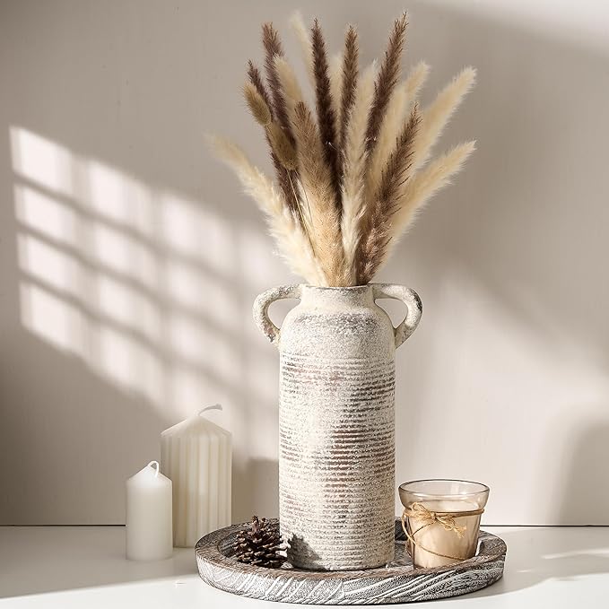 Ceramic Rustic Vase for Home Decor, Terracotta Vase with Handles, Handcrafted Vintage Decorative Flower Vase for Farmhouse, Living Room, Table, Fireplace, Nightstand