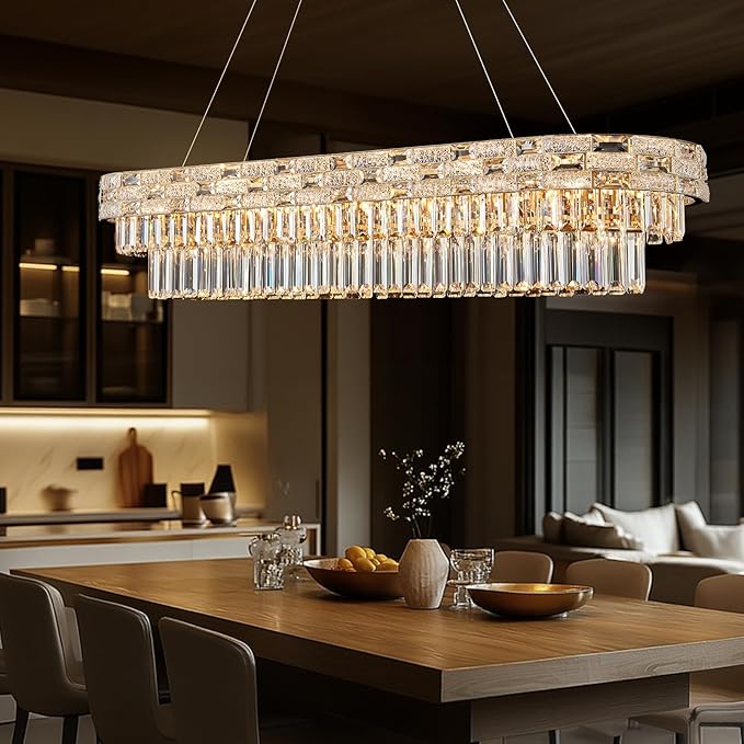49.2" L Modern Crystal Chandeliers for Dining Room 18 Lights Gold Chandelier Large Rectangle Crystal Chandelier Pendant Light Fixture Kitchen Entryway Living Room 49.2" L x 8.7" H
