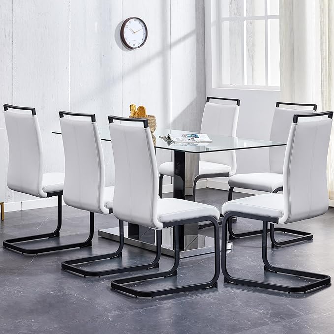Glass Dining Room Table Set for 6,Dining Table Set for 6 with PU Leather Chairs,Retangular Dining Table with MDF Table Legs and Sliver Base for Dining Room