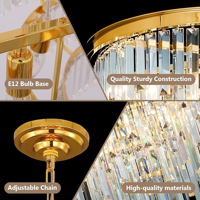 27'' Modern Crystal Chandelier, Gold Round Ceiling Light with Clear Prisms, Luxury Flush Mount Lighting Fixture for Dining Room Bedroom Foyer