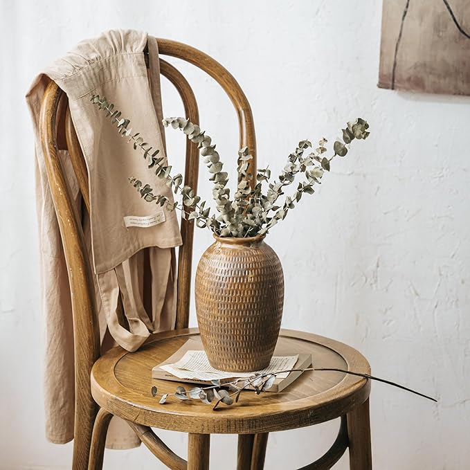 Ceramic Rustic Vase, 8 Inch Farmhouse Terracotta Vase for Home Decor, Vintage Decorative Pottery Flower Vases for Living Room Entryway Table Centerpieces Shelf Decorations