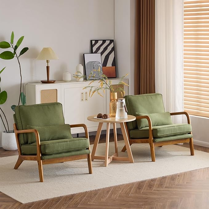Karl home Accent Chair Mid-Century Modern Chair with Pillow Linen Fabric Upholstered Lounge Arm Chair with Solid Wood Frame & Soft Cushion for Living Room, Bedroom, Balcony, Green