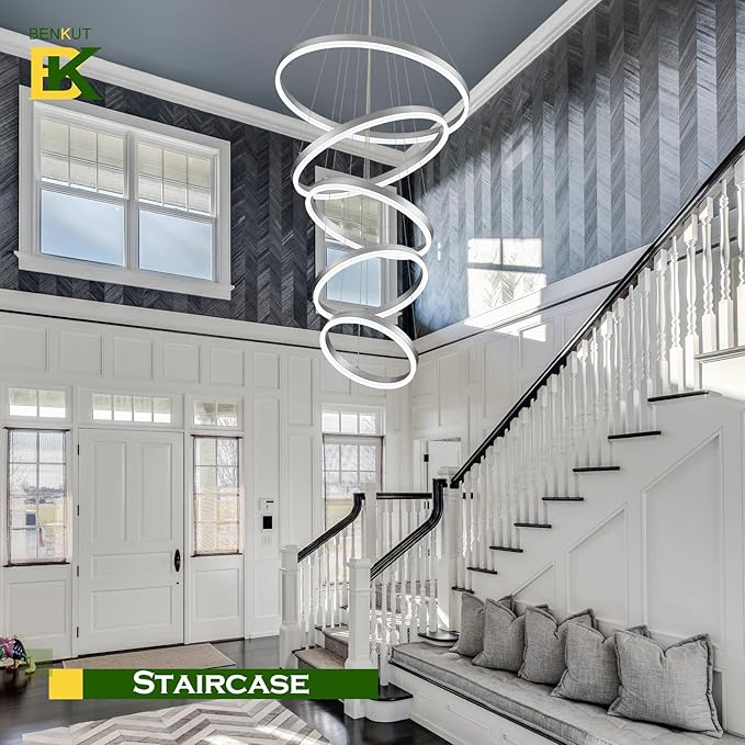 5-Rings Modern LED Chandelier Silver High Ceiling Chandelier with Remote Control Dimmable Pendant Lighting for Dining Room Foyer Living Room Entryway Staircase(3000K-6500K, D23.6’’)