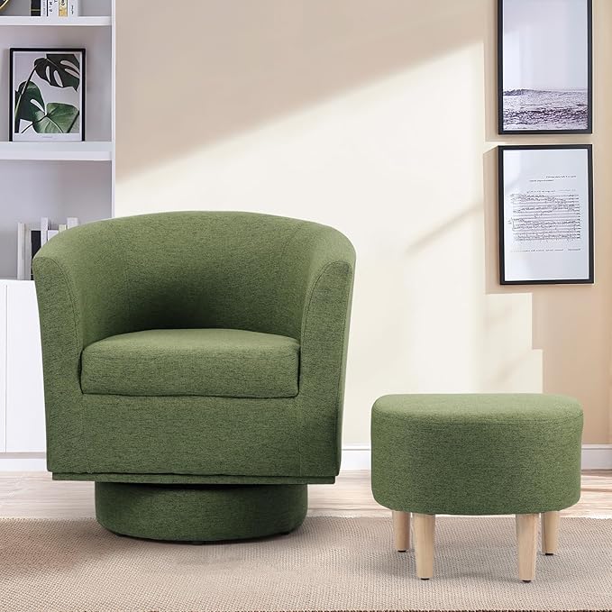 DAZONE Green Swivel Accent Chair with Ottoman, Comfy Barrel Armchair for Small Spaces, 360° Modern Fabric Lounge Chair for Living Room, Bedroom, Reading Nook, Home Office