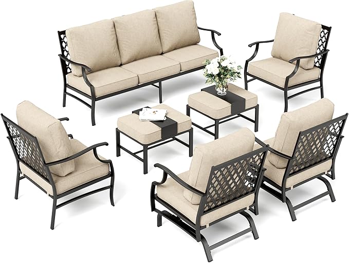 Patio Furniture Set, Modern Metal Outdoor Patio Furniture, 3 Seater Sofa, 2 Fixed Chairs, 2 Rocking Chairs, 2 Ottomans and 5.75" Extra Thick Cushion, Patio Conversation Set for Garden