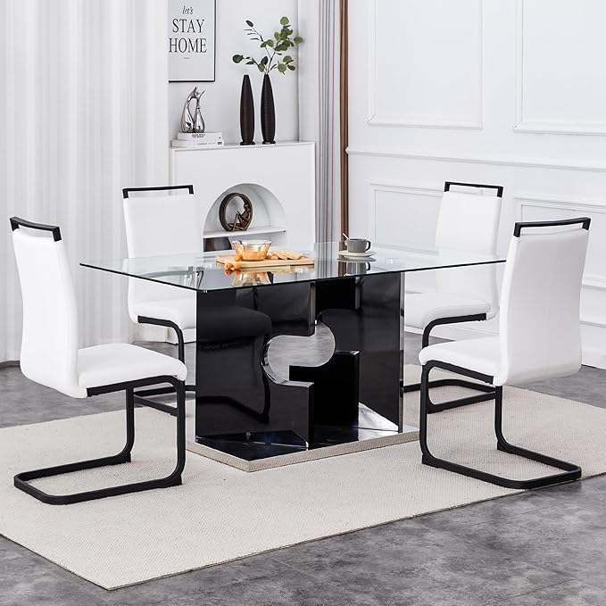 Glass Dining Table Set of 4, 63" Dinner Room Glass Table Set for 4, Modern Kitchen Dinner Table Set with 4 Upholstered Faux Leather Dining Chairs for Living Dining Office Room