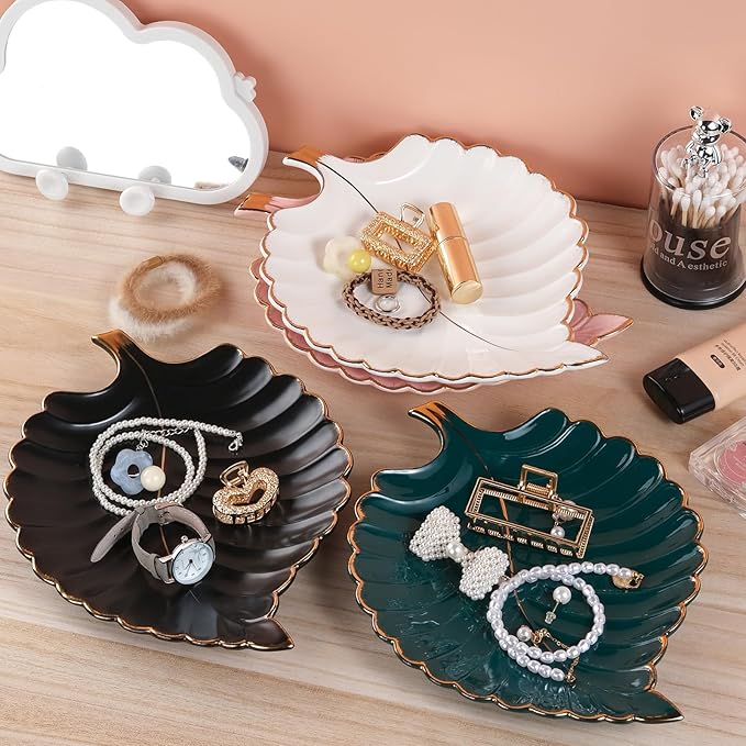 VanEnjoy Candy Dishes Decorative, Key Bowl for Entryway Table, White Ceramic Bowl Decorative, Decorative Bowl for Keys, Leaf Jewelry Plate Tray