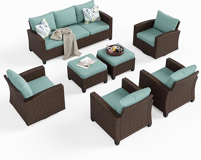 HERA'S HOUSE Patio Furniture Set with Swivel Glide Chairs, Outdoor Sectional Sofa Set, 7 Pieces Patio Conversation Sets for Lawn Backyard Deck, Brown/Blue