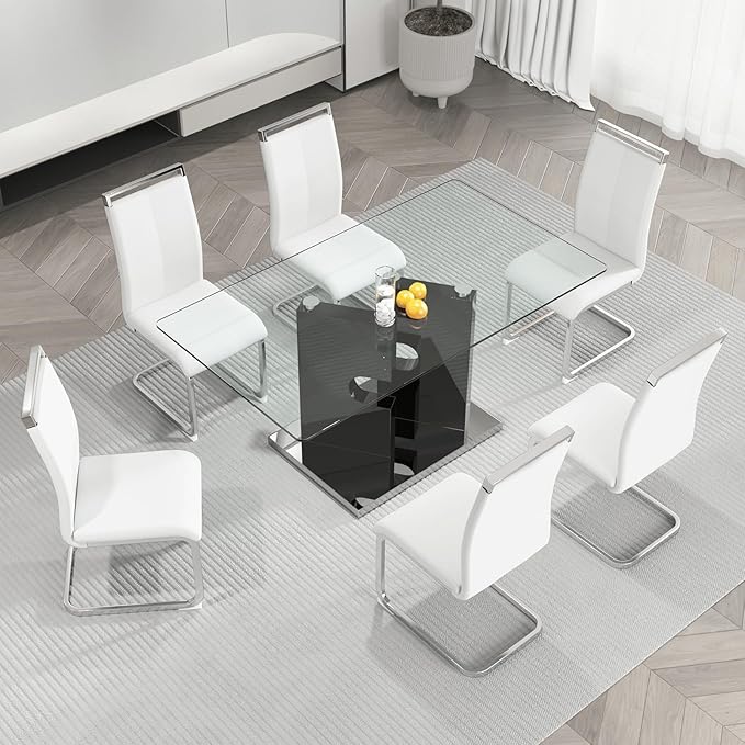 Glass Dining Table Set for 6, 7-Piece Set with Tempered Glass Top and Modern MDF Base with 6 PU Leather Ergonomic Chairs