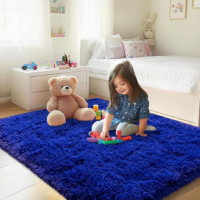 3x5 Area Rug for Bedroom, Blue Rugs for Living Room Nursery Kids Room Dorm Home Decor Aesthetic, Fluffy Shaggy Rug with 4 Anti-Slip Carpet Tapes, Navy Blue