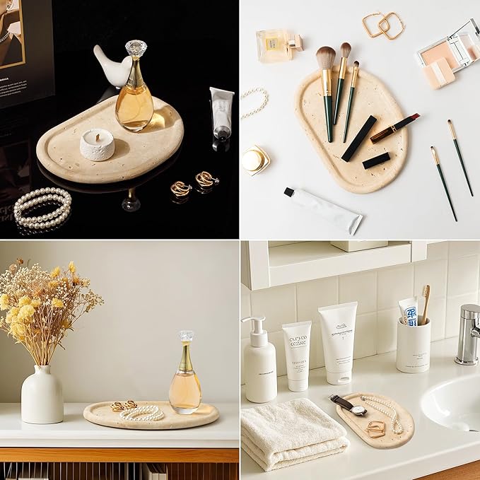 Natural Travertine Tray,Marble Ring Dish for Bathroom,Special-Shaped Jewelry Tray,Dressing Table, Bedside Table,Home Decor,Beige Large (NS030)